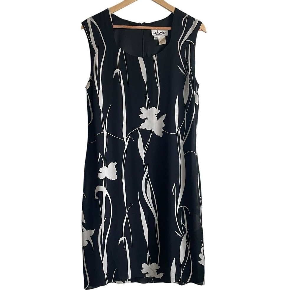 Vintage Cattiva Womens Minimalist Silk Shift Dress 10 Black Abstract Floral 90s‎